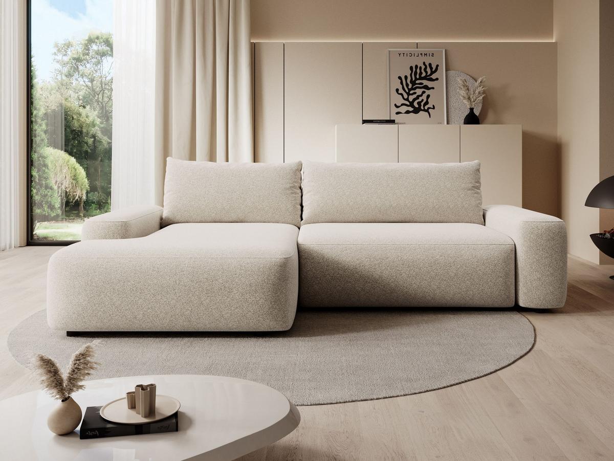 ECKSOFA RUOTA Creme Boucle-Stoff mit Schlaffunktion - Creme, Holz (264/162cm) - MASSENO