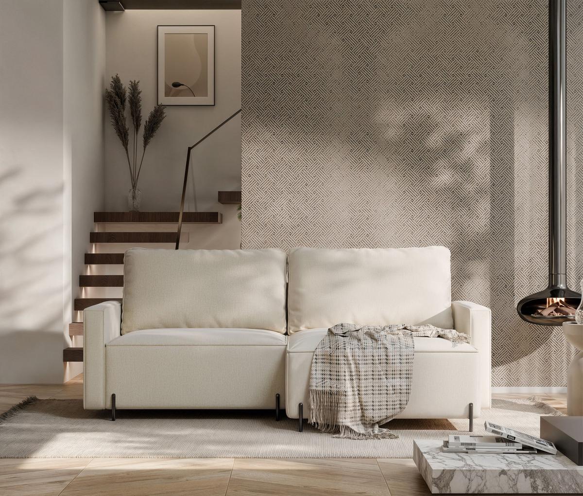 ECKSOFA LEO Rechts, mit Schlaffunktion und Bettkasten, Creme - Creme, Textil/Metall (229/148cm) - Idohome