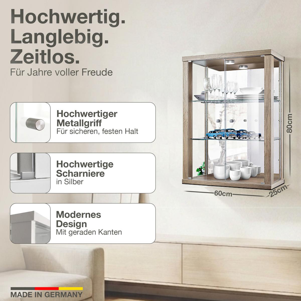 HÄNGEVITRINE 25/60/80 cm mit Spiegel, LED & 2 höhenverstellbaren Glasböden - Transparent/Silberfarben, Glas/Holzwerkstoff (60/80/25cm) - K-Möbel