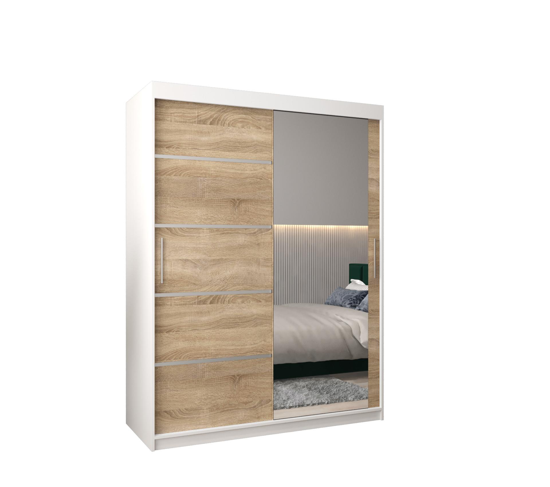 SCHWEBETÜRENSCHRANK 200/150/62 2-türig - Silberfarben/Weiß, Holz/Kunststoff (150/200/62cm) - MÖBEL KRYSPOL