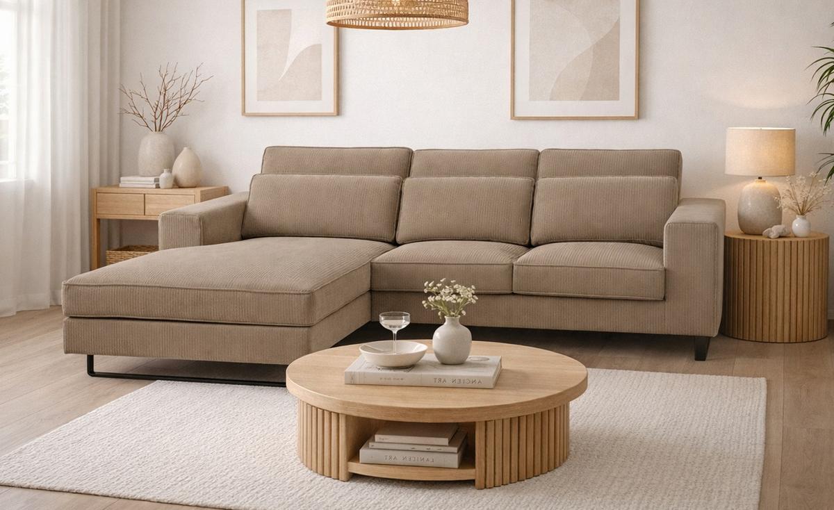 SOFA braun Cord 276 cm, Ecksofa 4-Sitzer, L-Sofa Ottomane links - Schwarz/Braun, Holz/Textil (276/183cm) - Inn.Furn