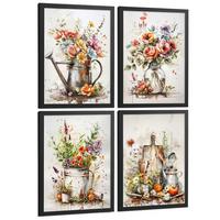 POSTER 4er Set Blumen Küchen-Wandbilder Gießkanne Vase Utensilien Botanisches Aquarell Wohnzimmer Deko Schwarzer Rahmen A3 - Schwarz, Papier (29.7/1/42cm) - Nacnic
