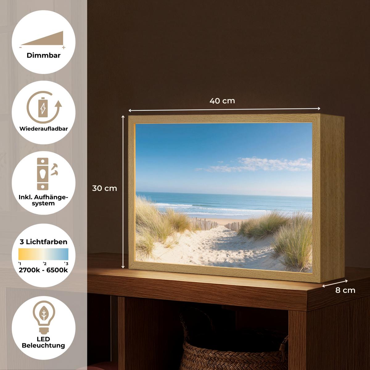 WANDLEUCHTE MIT AKKU Strand - Meer - Düne - Sand - Sommer 40x30 cm - Sandfarben, Holzwerkstoff (40/30/8cm) - OnlyWow