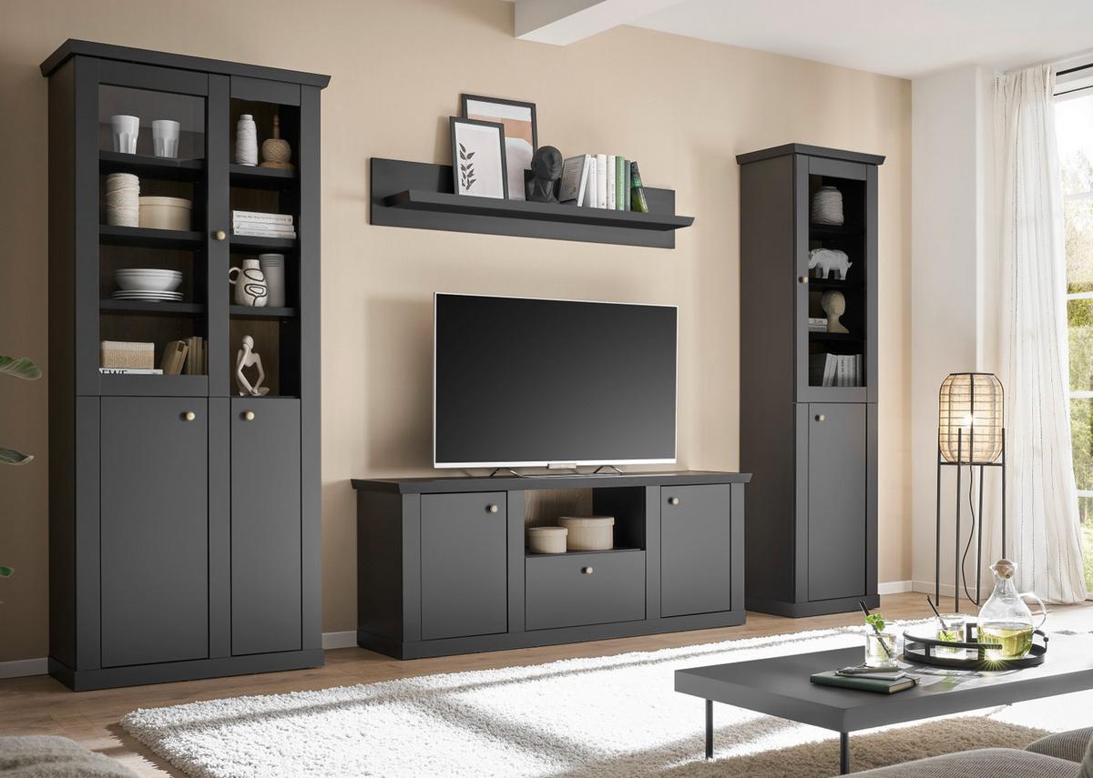 WOHNWAND schwarz matt, Eiche 4-teilig 319 cm, Wohnkombination mit Soft-Close - Eichefarben/Messingfarben, Glas/Holzwerkstoff (319/200/42cm) - Furn.Design