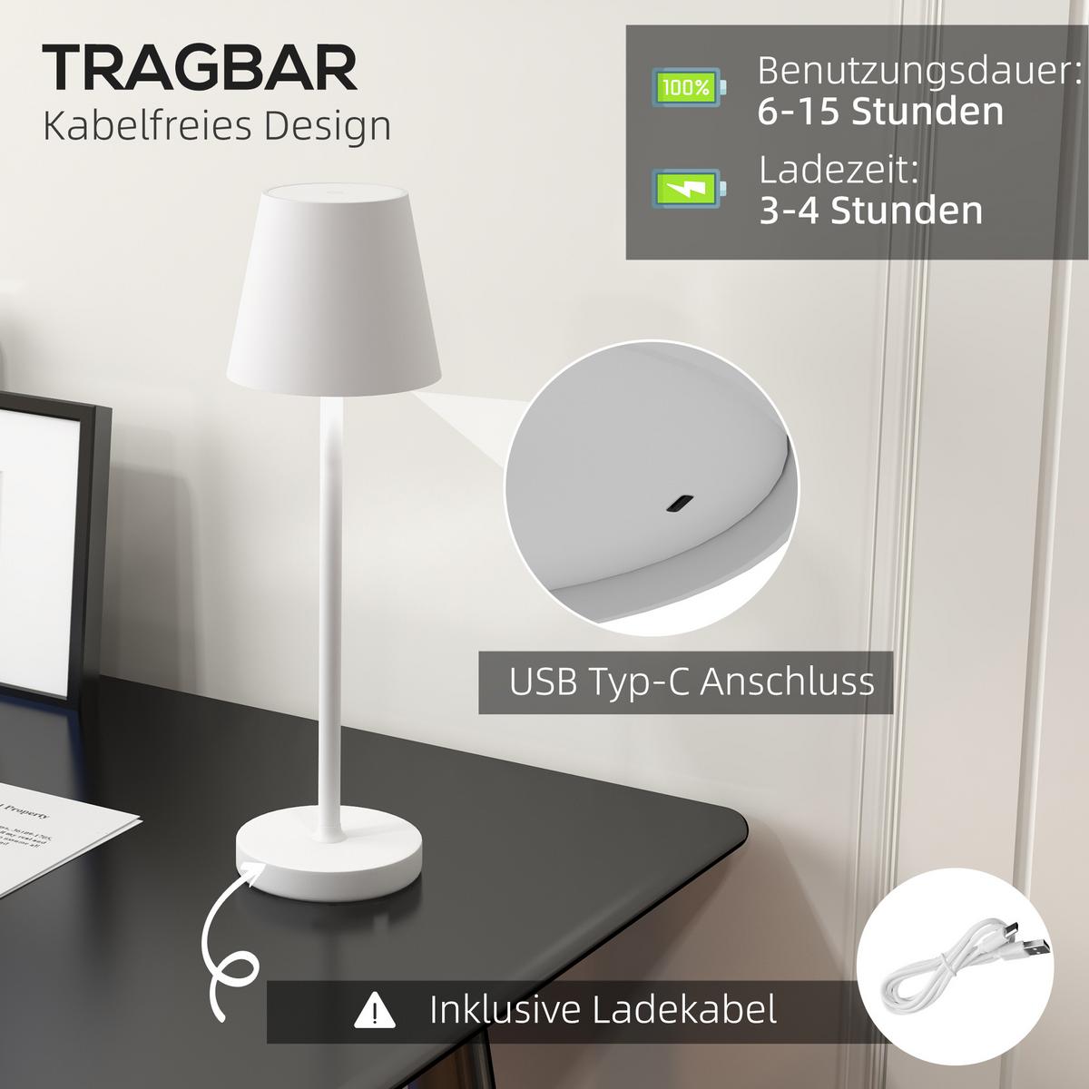 TISCHLAMPE Aufladbare USB Tischleuchte mit 3 Lichtfarben für Wohnzimmer Weiß - Weiß, Metall (11.2/11.2/36.5cm) - HOMCOM