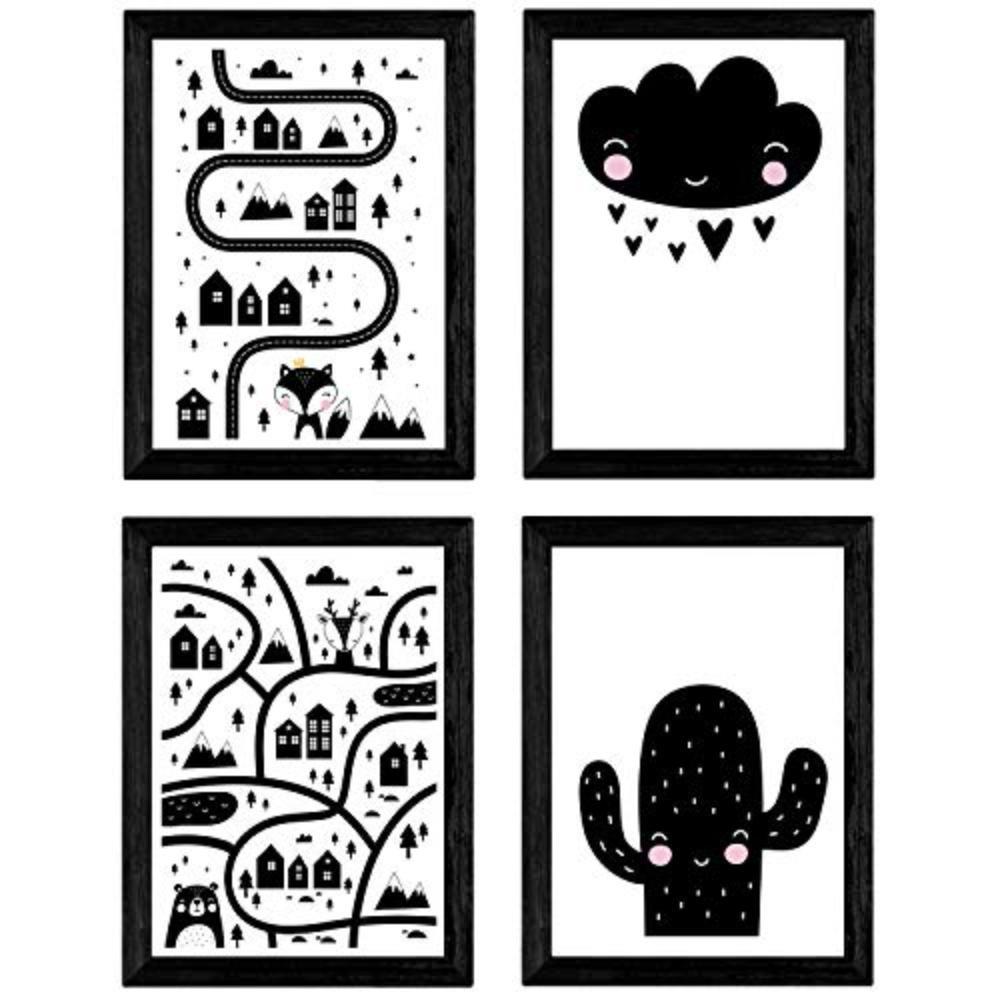 POSTER Set mit 4 „Stadt, Stadt, Wüste Kaktus und CloudHerzen“ Tiere A4 Schwarzer Rahmen - Schwarz, Papier (29.7/3cm) - Nacnic