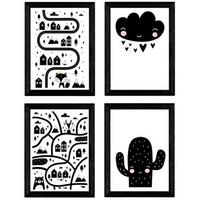 POSTER Set mit 4 „Stadt, Stadt, Wüste Kaktus und CloudHerzen“ Tiere A4 Schwarzer Rahmen - Schwarz, Papier (29.7/3cm) - Nacnic