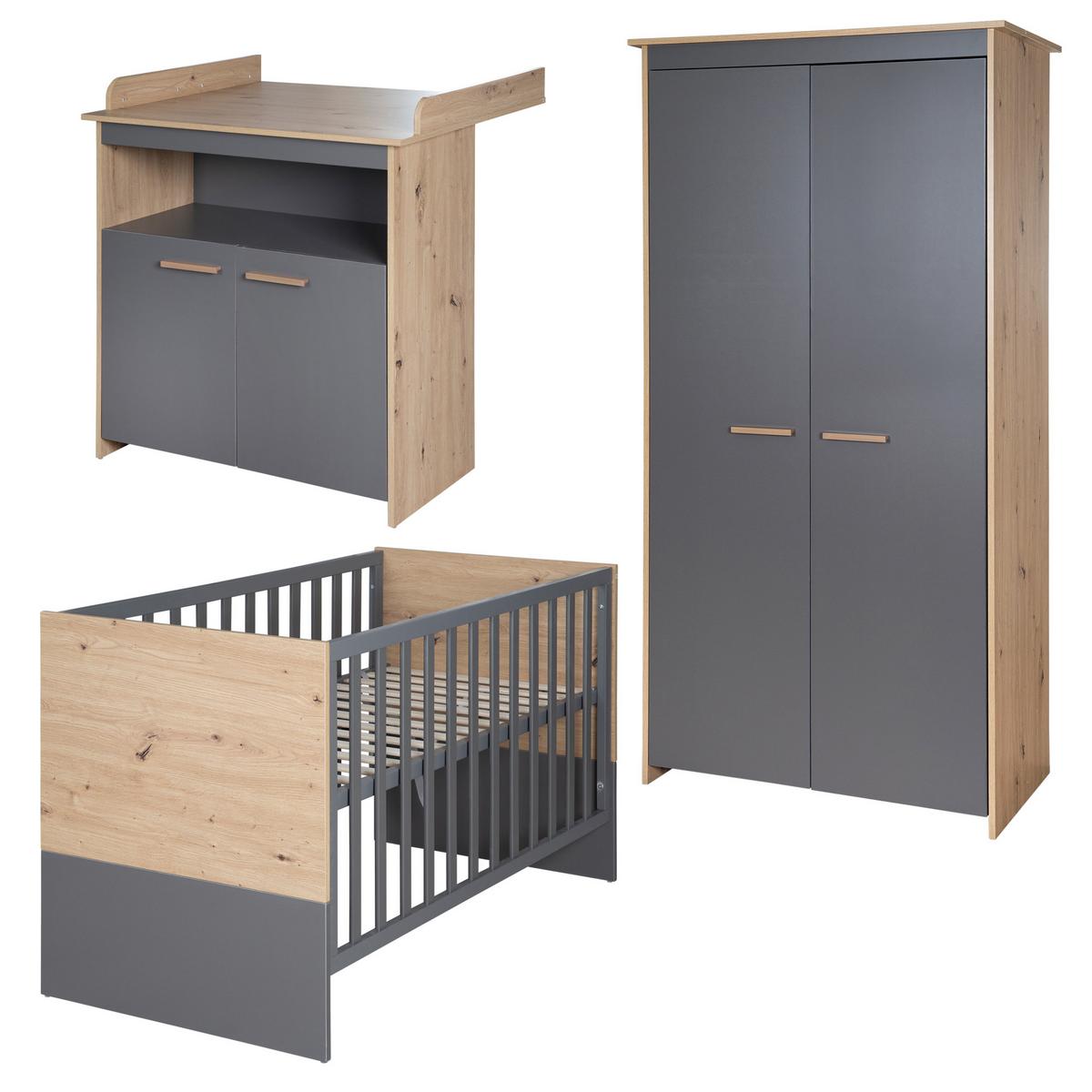 BABYZIMMER SET Anna 3-teilig - Alteiche/Anthrazit, Holz/Holzwerkstoff (96/190/50cm) - Roba