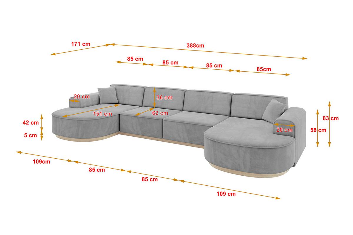 WOHNLANDSCHAFT MARI-U2-v1 - 388x171x83 cm Grau Velours - Grau, Holzwerkstoff/Textil (388/83/171cm) - ALTDECOR