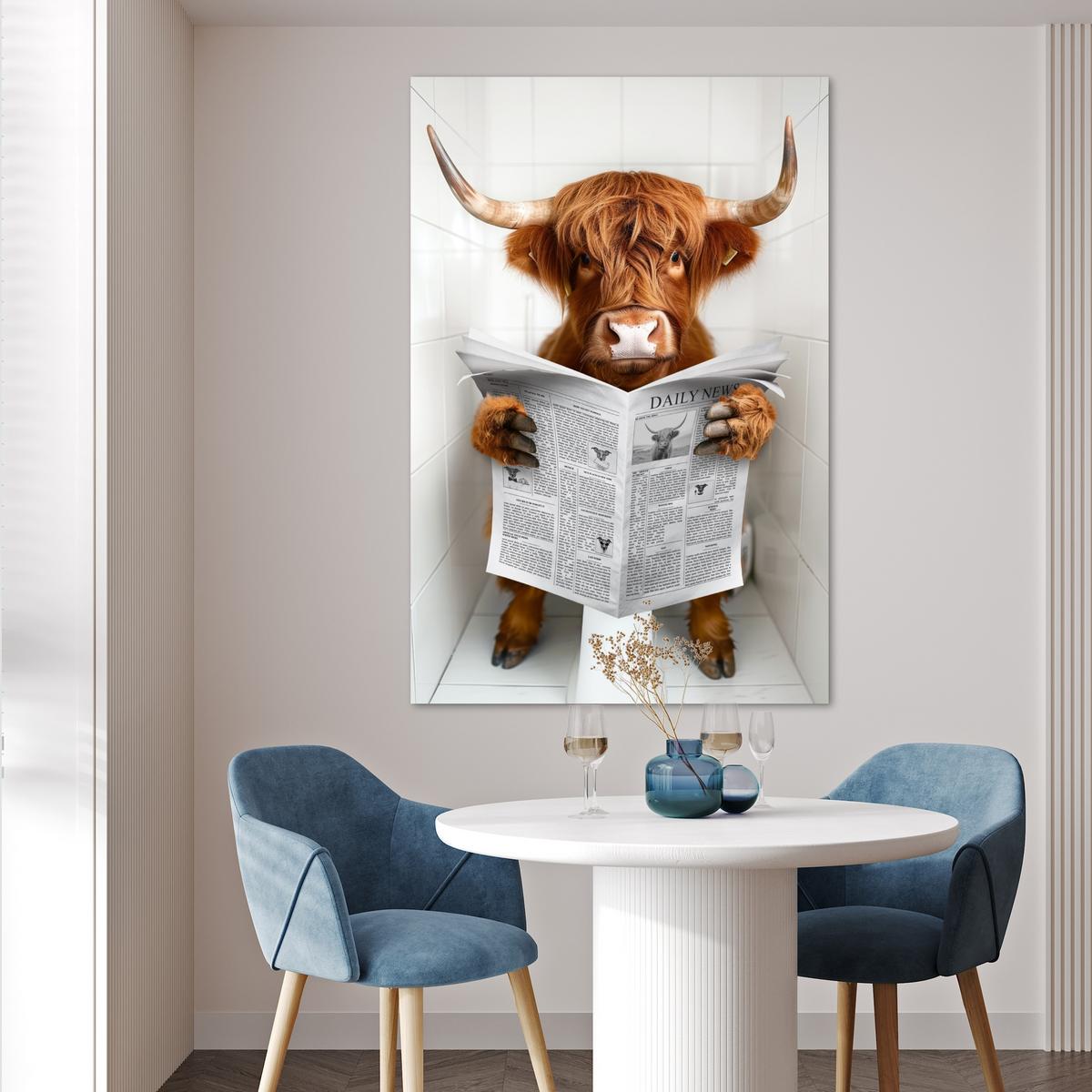 POSTER Schottischer Highlander - Tier - Zeitung - Toilette Wandbild Schlafzimmer 80x120 cm - Kastanienfarben, Papier (80/120/0.1cm) - MuchoWow