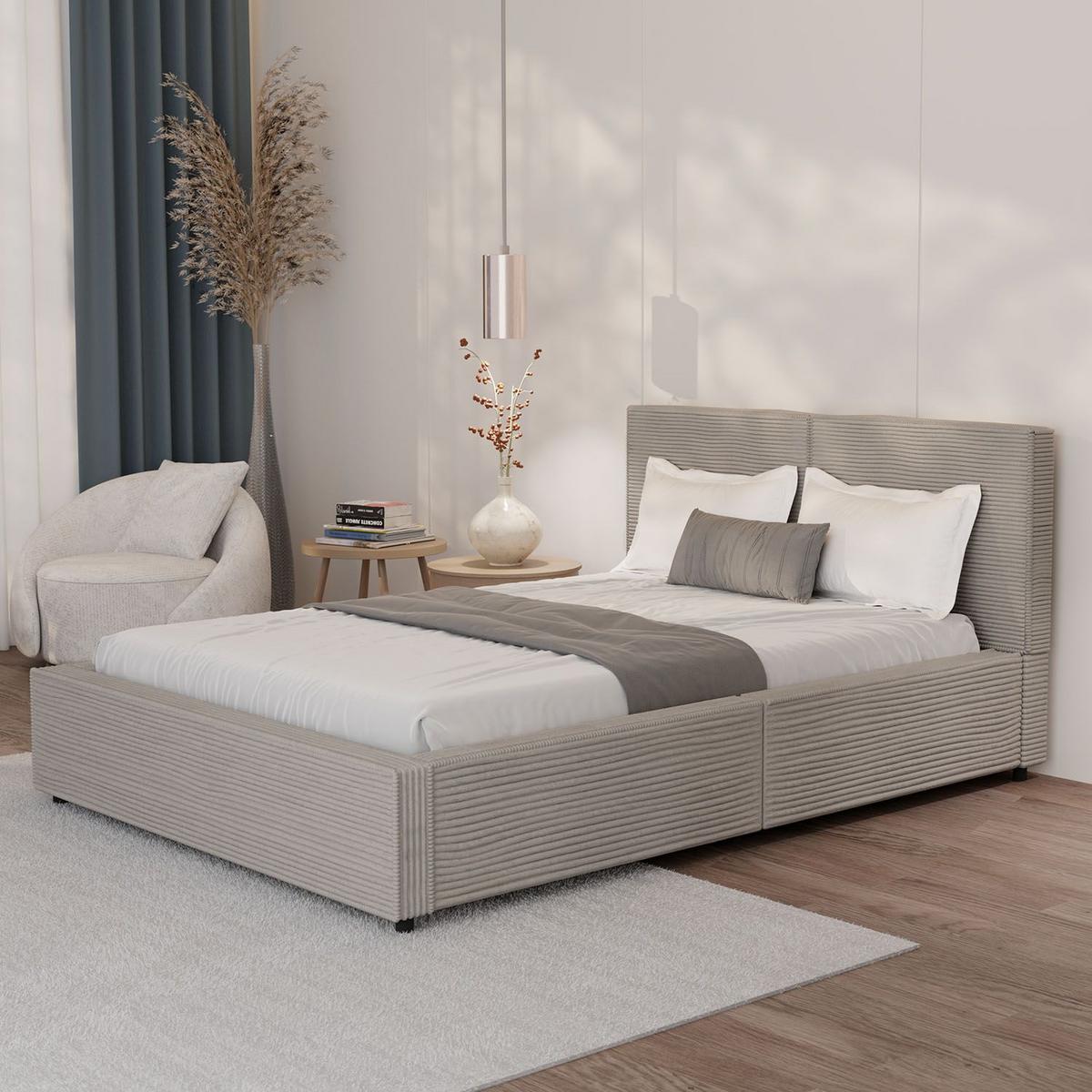 POLSTERBETT Salerno Cord taupe 140x200 cm - Taupe, Textil (140/200cm) - Juskys
