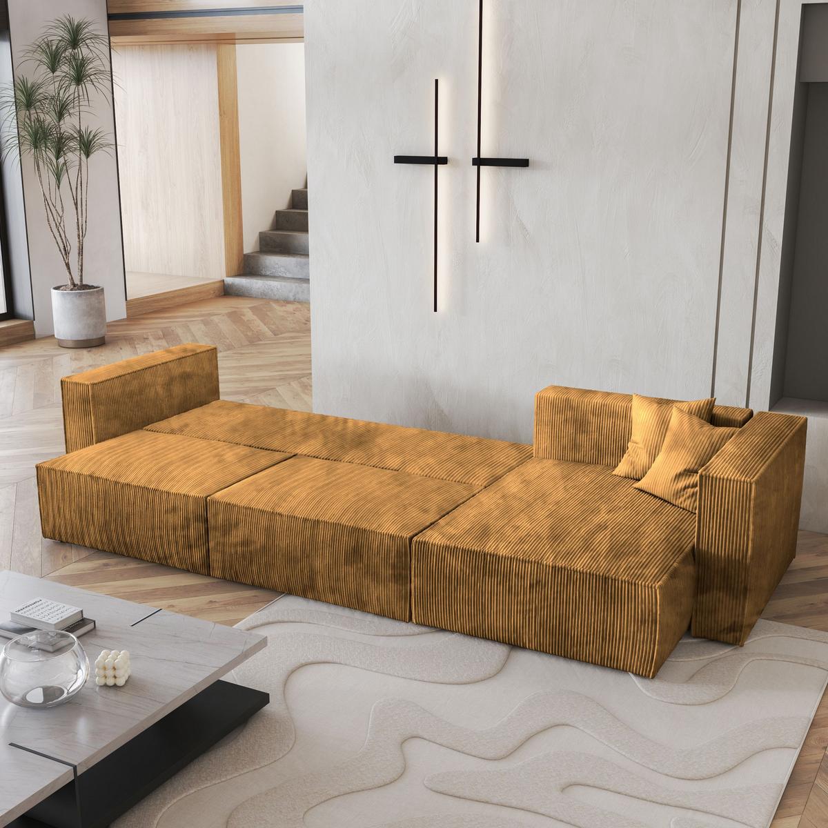 ECKSOFA TOLMO P Gelb Kordstoff mit Schlaffunktion - Gelb/Grau, Holz/Kunststoff (347/148cm) - MASSENO