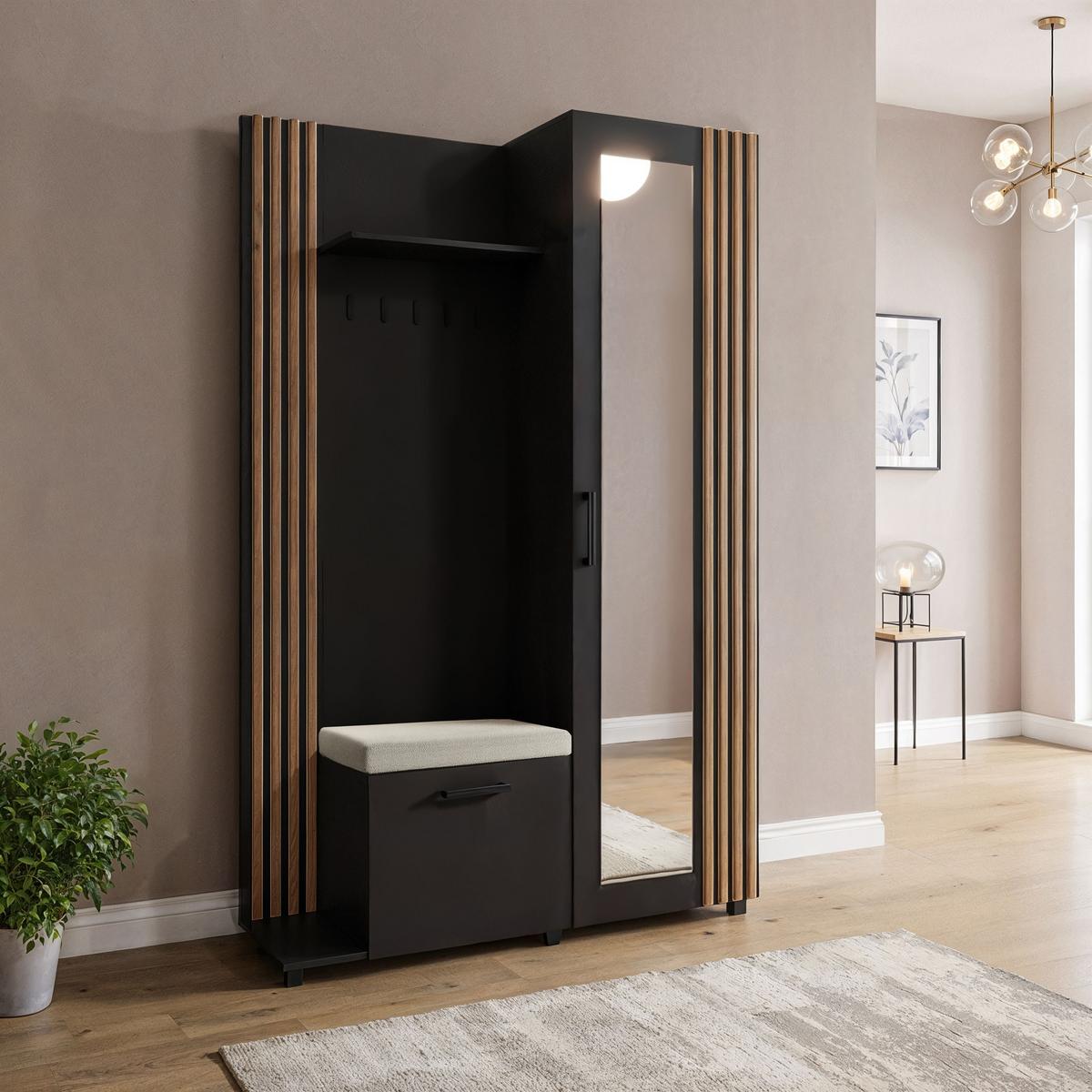 GARDEROBE Linaro mit Spiegel, Sitzbank in Lamellen-Optik 137/207/42 cm, Links - Schwarz, Holzwerkstoff (137/207/42cm) - WFL GROUP