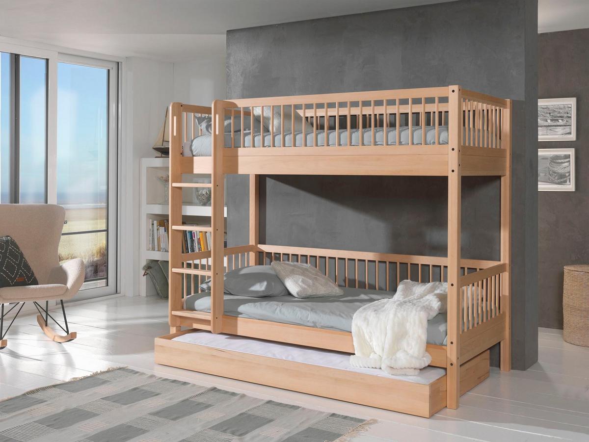 ETAGENBETT Kelci 2x90x200 mit Bettschublade Leiter Buche massiv natur - Buchefarben, Holz (90/200cm) - 58aufmkessel