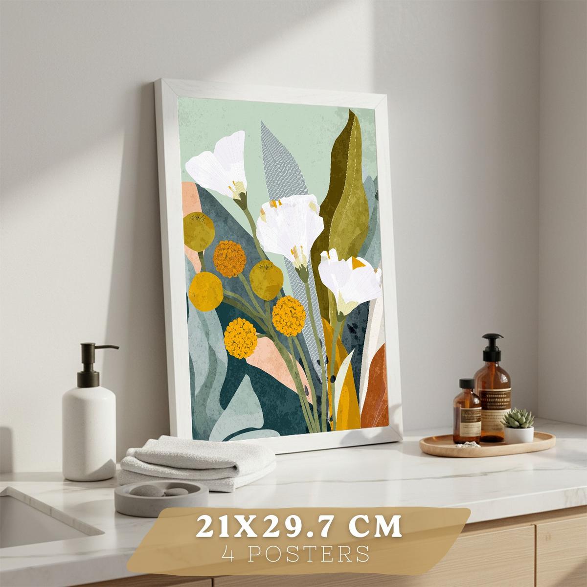POSTER 4er-Set dekorative Badezimmerdrucke, moderne abstrakte florale Wandposter für Waschbecken, farbenfrohe nordische Dekoration Weißer Rahmen A4 - Weiß, Papier (29.7/21/3cm) - Nacnic