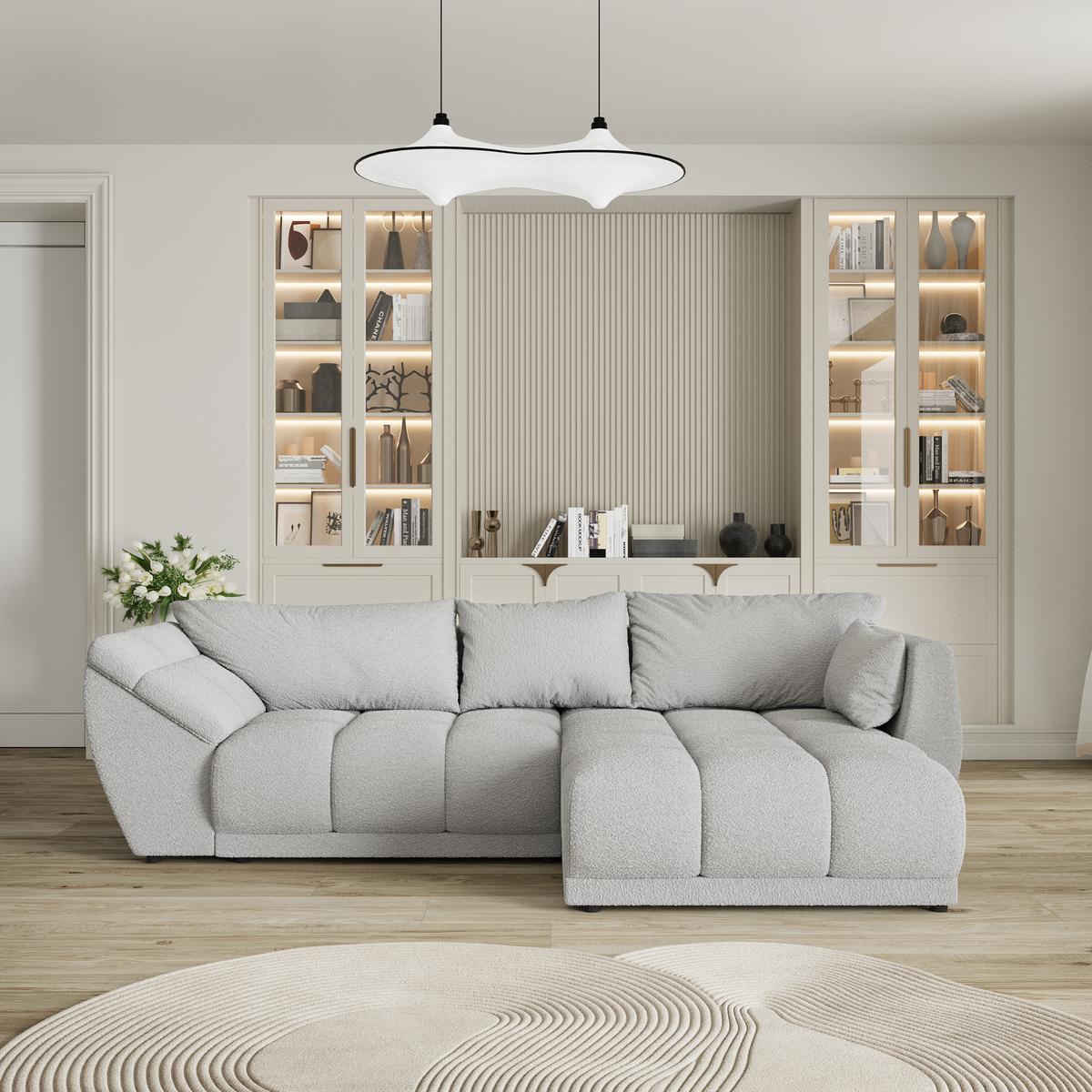 ECKSOFA ORENTI R-S Hellgrau Boucle-Stoff mit Schlaffunktion - Hellgrau, Holz (287/182cm) - MASSENO
