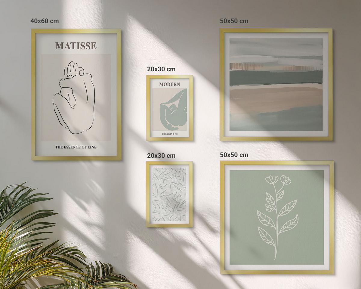 BILDER SET 5er Set - 50x50 cm & 20x30 cm & 40x60 cm Goldrahmen - Abstrakte Pflanzenformen - Goldfarben, Kunststoff (40/60cm) - TULUP