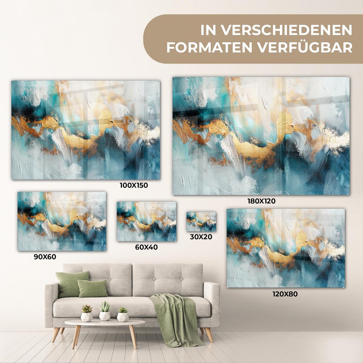 ACRYLGLASBILD Abstrakt - Kunst - Gold - Blau Wanddeko 60x40 cm - Petrol, Glas (60/40cm) - MuchoWow