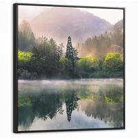 LEINWAND Bilder mit Rahmen - Natur - Bäume - Berge - See - Wasser - 90x90 - Hellgrün, Textil (90/90cm) - MuchoWow