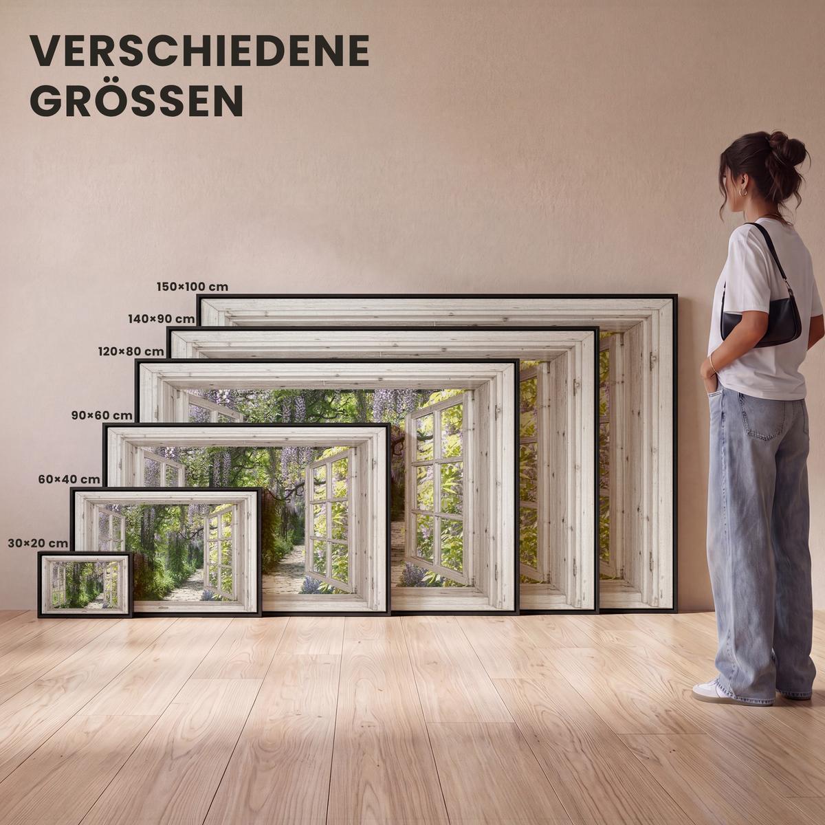 LEINWAND Bilder mit Rahmen - Blauer Regen - Blumen - Aussicht - Baum - Frühling - 60x40 - Grün, Textil (60/40cm) - MuchoWow