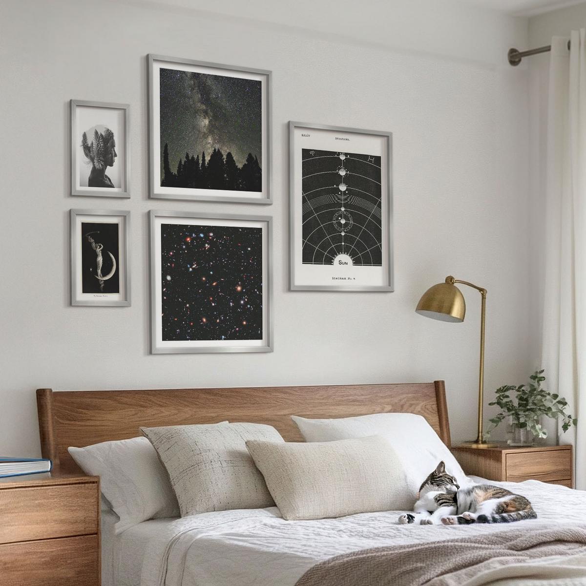 BILDER SET 5er Set - 50x50 cm & 20x30 cm & 40x60 cm Silberner Rahmen - Galaxie im Sonnensystem - Silberfarben, Kunststoff (40/60cm) - TULUP