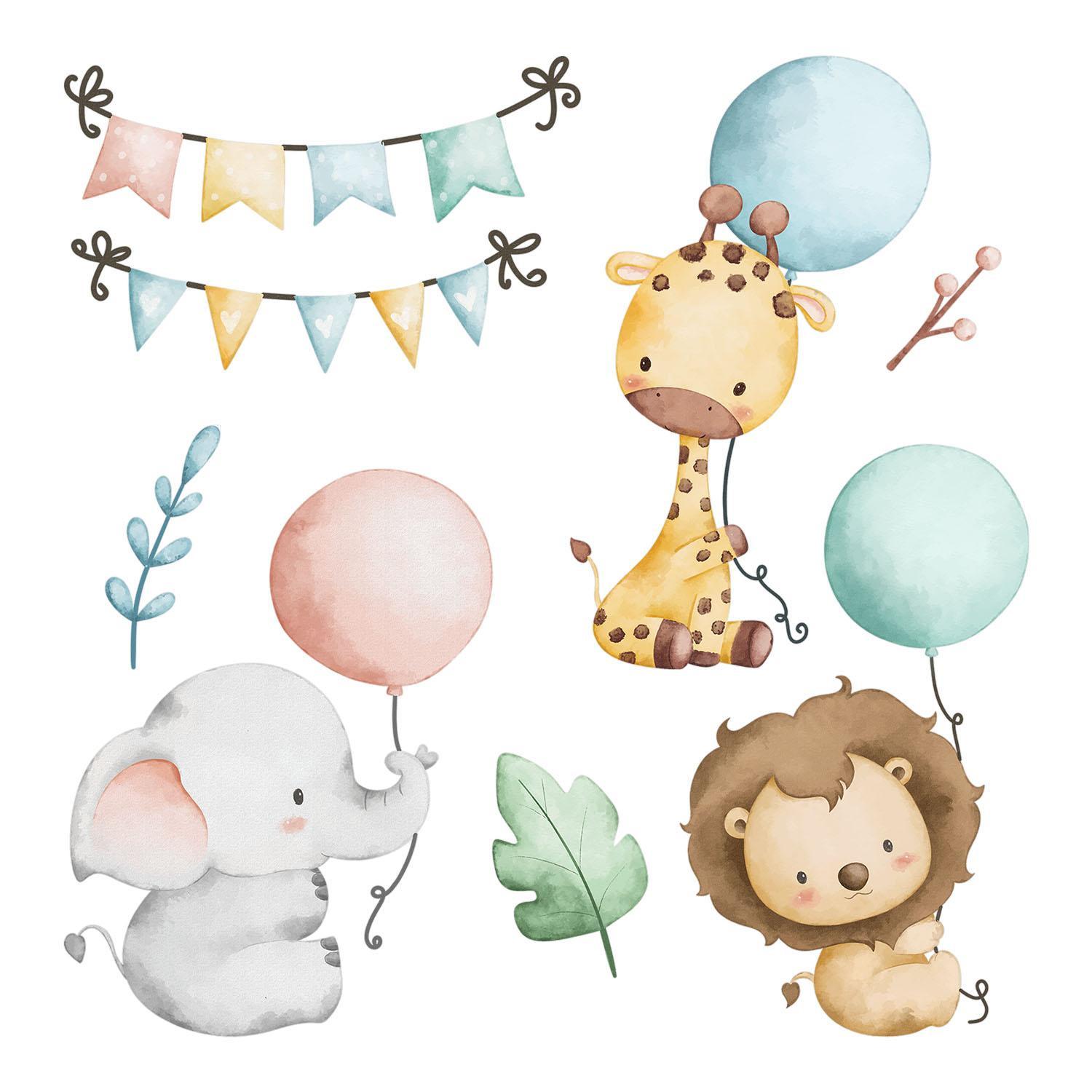 WANDAUFKLEBER 100x153cm - Tiere mit Luftballons - Multicolor, Kunststoff (100/153/0.1cm) - Wallfluent