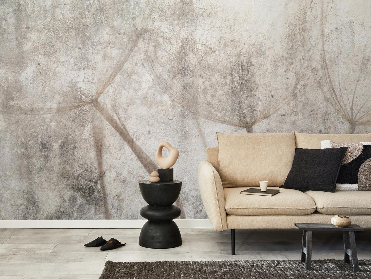 FOTOTAPETE für Wohnzimmer Zarter Skizze Löwenzahn Grauer Beton Minimalistisch 150x105 - Beige/Braun, Papier (150/105cm) - Muralo