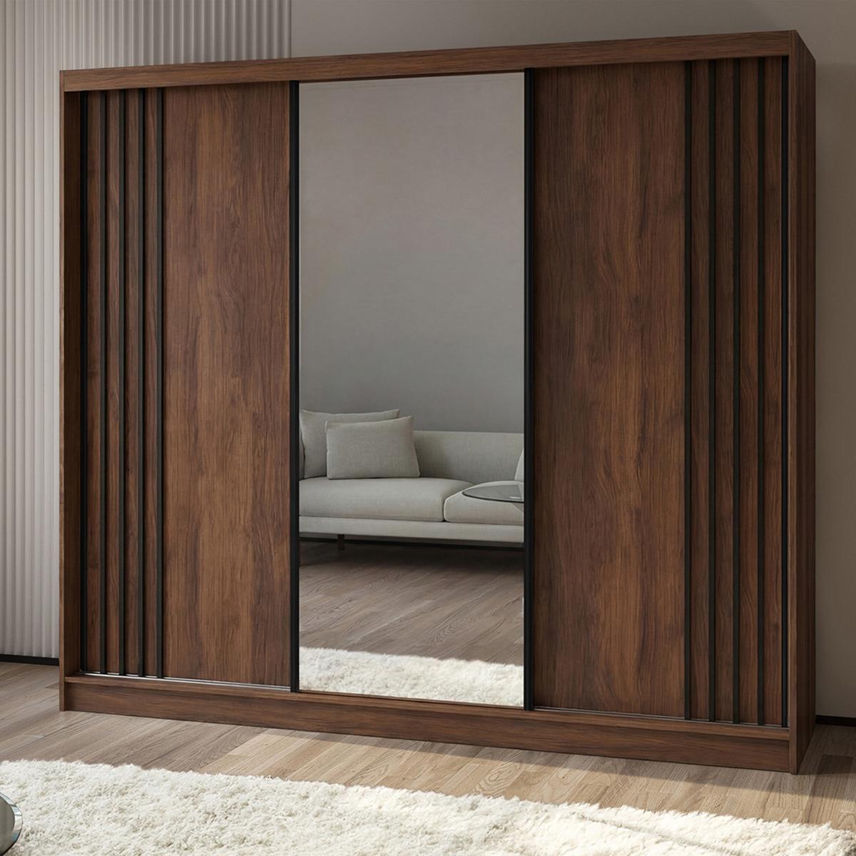 SCHWEBETÜRENSCHRANK Nela II mit Schubladen und Spiegel 240/216/61 Walnuss+Schwarz - Walnussfarben, Holzwerkstoff (240/216/61cm) - Beautysofa