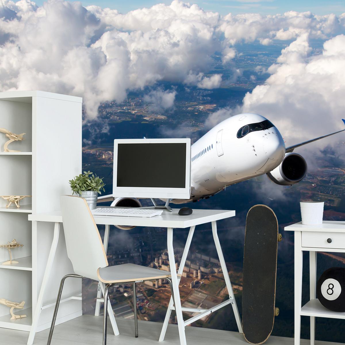 FOTOTAPETE für Jugendzimmer Flugzeug Start Wolken Himmel 300x210 - Blau/Beige, Papier (300/210cm) - Muralo