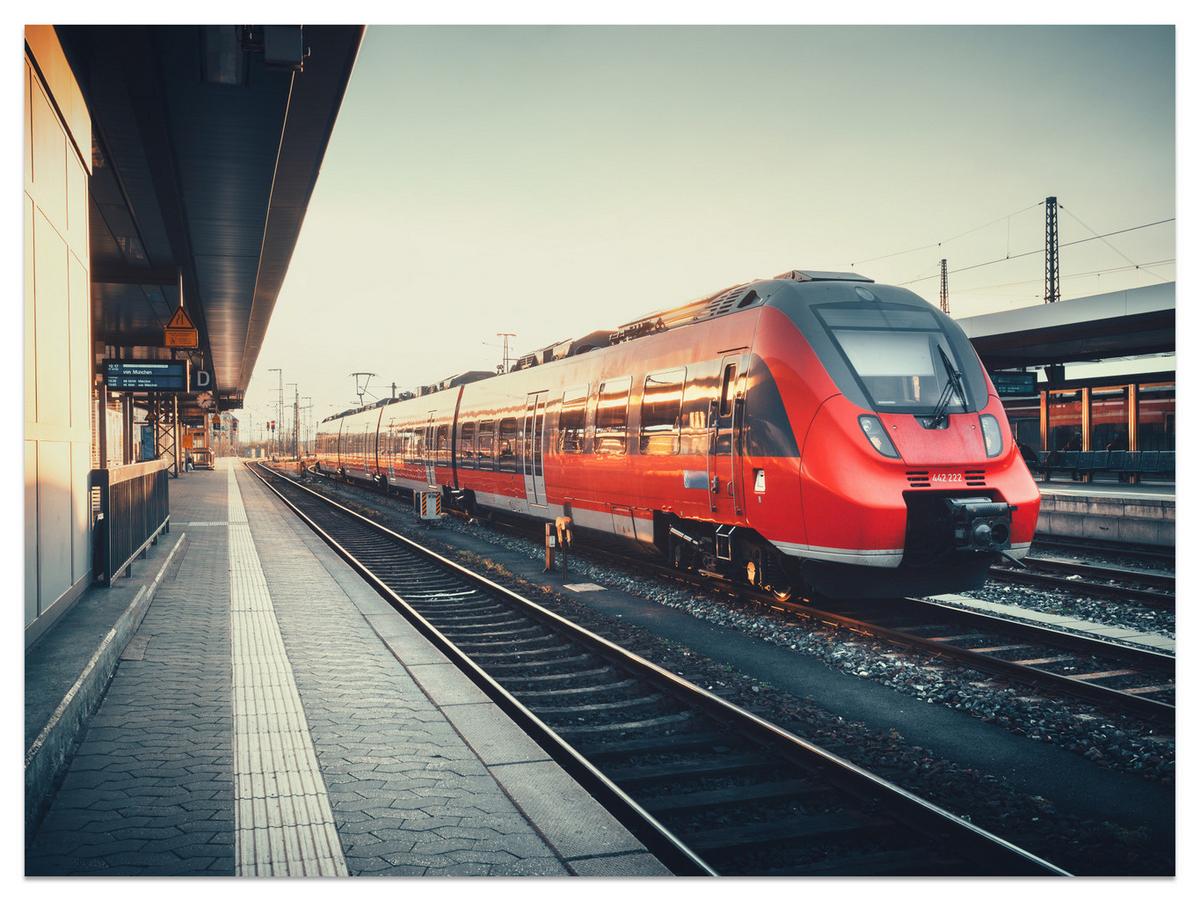 FOTOTAPETE für Wohnzimmer Moderner Roter Zug Bahnhof Geleise 250x175 - Rot/Braun, Papier (250/175cm) - Muralo