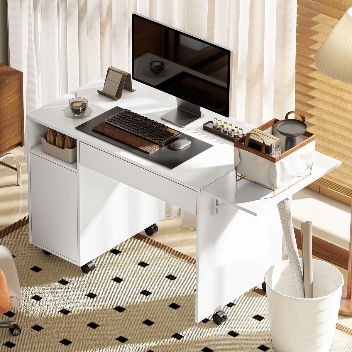 ROLLBARER Computertisch, klappbarer Schreibtisch mit Schrank und Schublade - Weiß, Holzwerkstoff (130/58/73.2cm) - HOMCOM