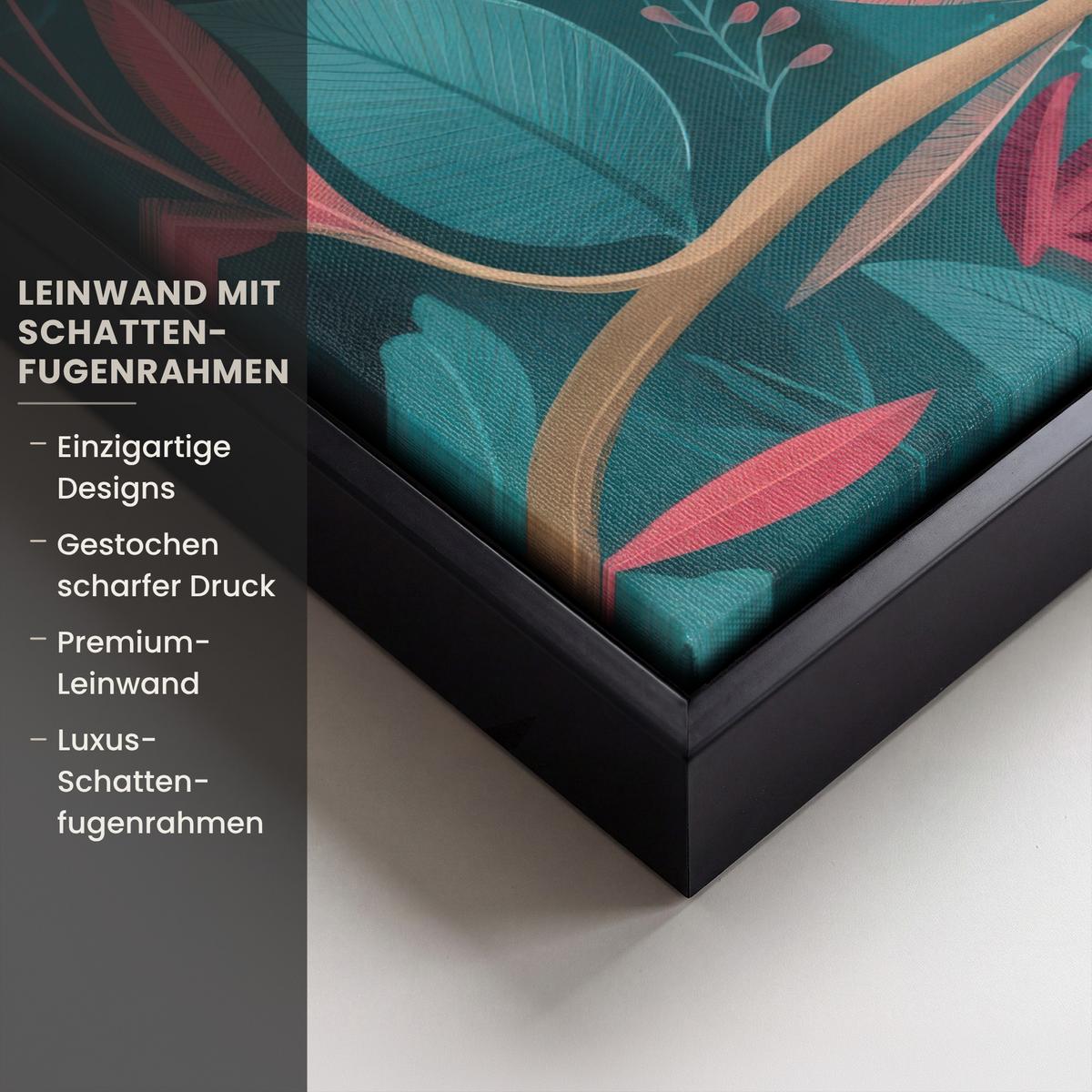 LEINWAND Bilder mit Rahmen - Kakadu - Tropische Blätter - Zweig - 30x20 - Petrol, Textil (30/20cm) - MuchoWow