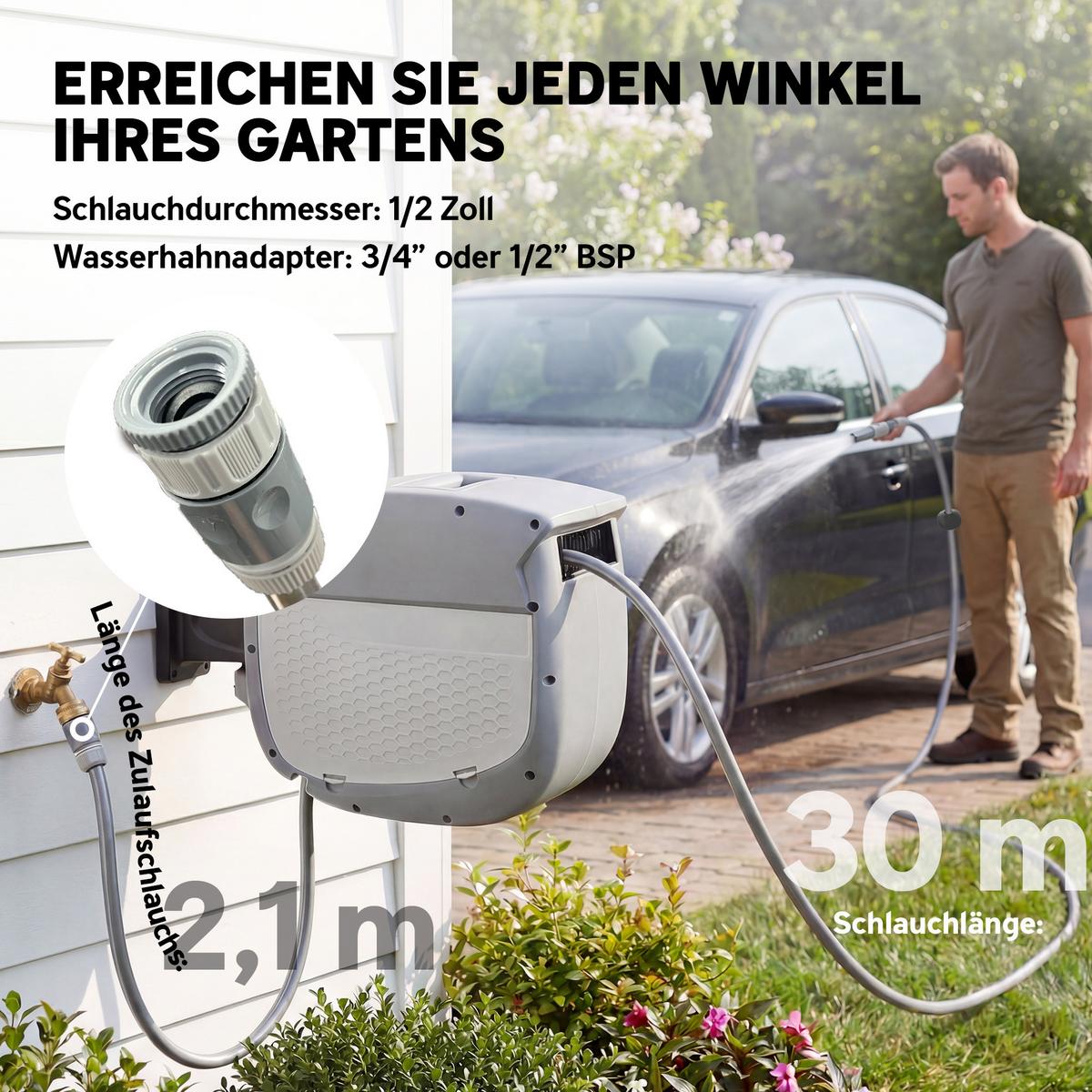 SCHLAUCHTROMMEL 180° schwenkbar Grau 30 m - Grau, Kunststoff (25/40/58cm) - Outsunny