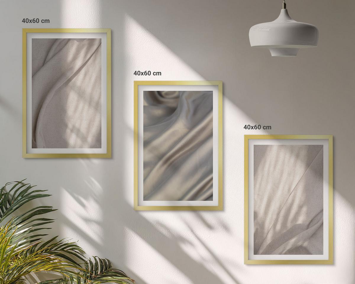 BILDER SET 3er Set - 40x60 cm Goldrahmen - Nahaufnahme von natürlichen Boho-Stoffen - Goldfarben, Kunststoff (40/60cm) - TULUP