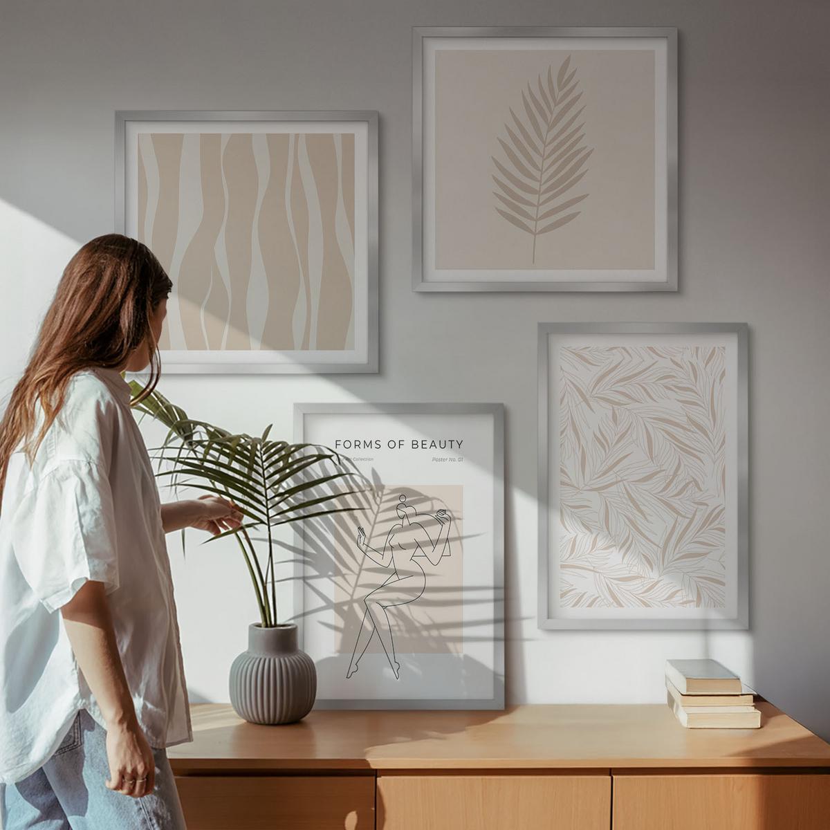 BILDER SET 4er Set - 50x50 cm & 40x60 cm Silberner Rahmen - Minimalistische Pflanzenmotive - Silberfarben, Kunststoff (50/50cm) - TULUP