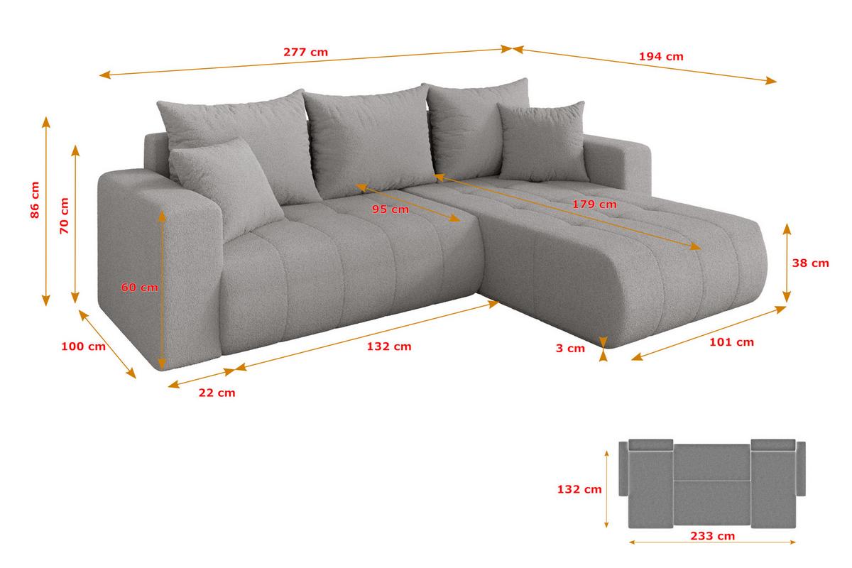 ECKSOFA mit Schlaffunktion Ottomane Rechts MILA-L 277x194x86 Hellgrau Bouclé - Silberfarben/Hellgrau, Holzwerkstoff/Kunststoff (277/194cm) - ALTDECOR