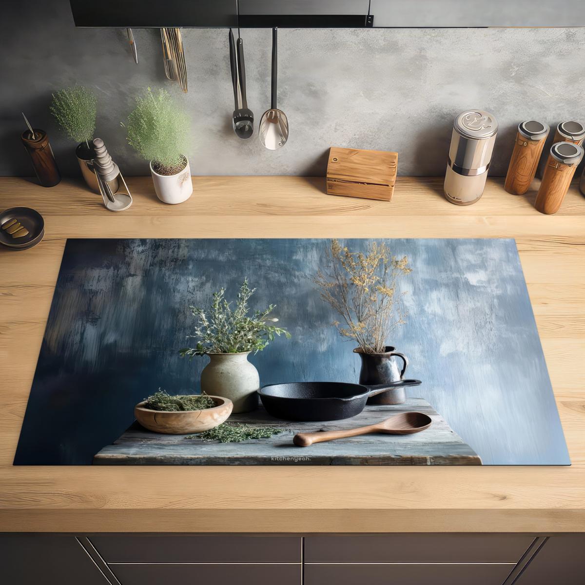 HERDABDECKPLATTE Stilleben - Kräuter - Rustikal Ceranfeldabdeckung 90x52 cm - Blaugrau, Kunststoff (90/52/0.2cm) - MuchoWow