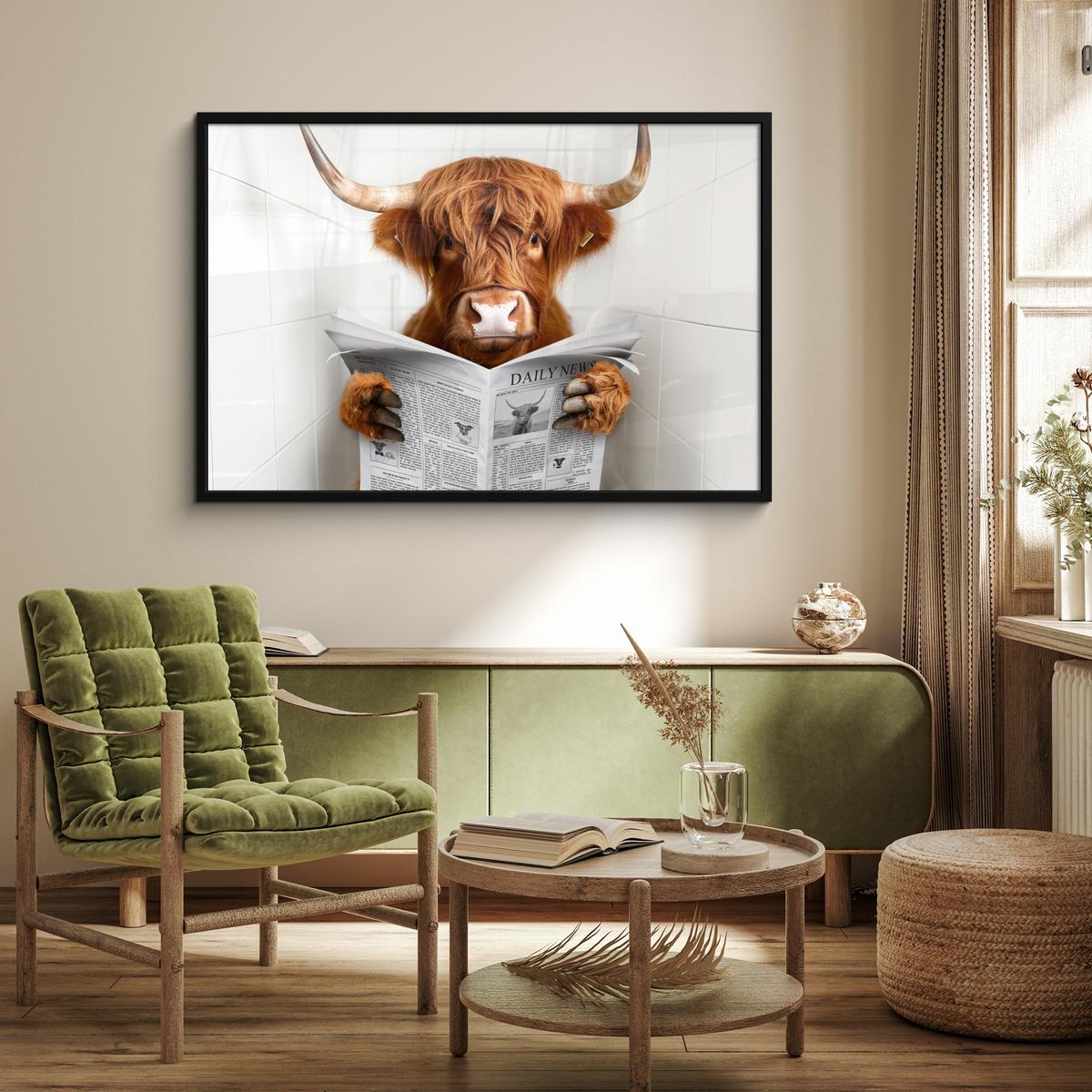 POSTER MIT RAHMENGERAHMTES BILD Schottischer Highlander - Tier - Zeitung - Toilette 120x80 cm - Kastanienfarben, Papier (120/80cm) - MuchoWow