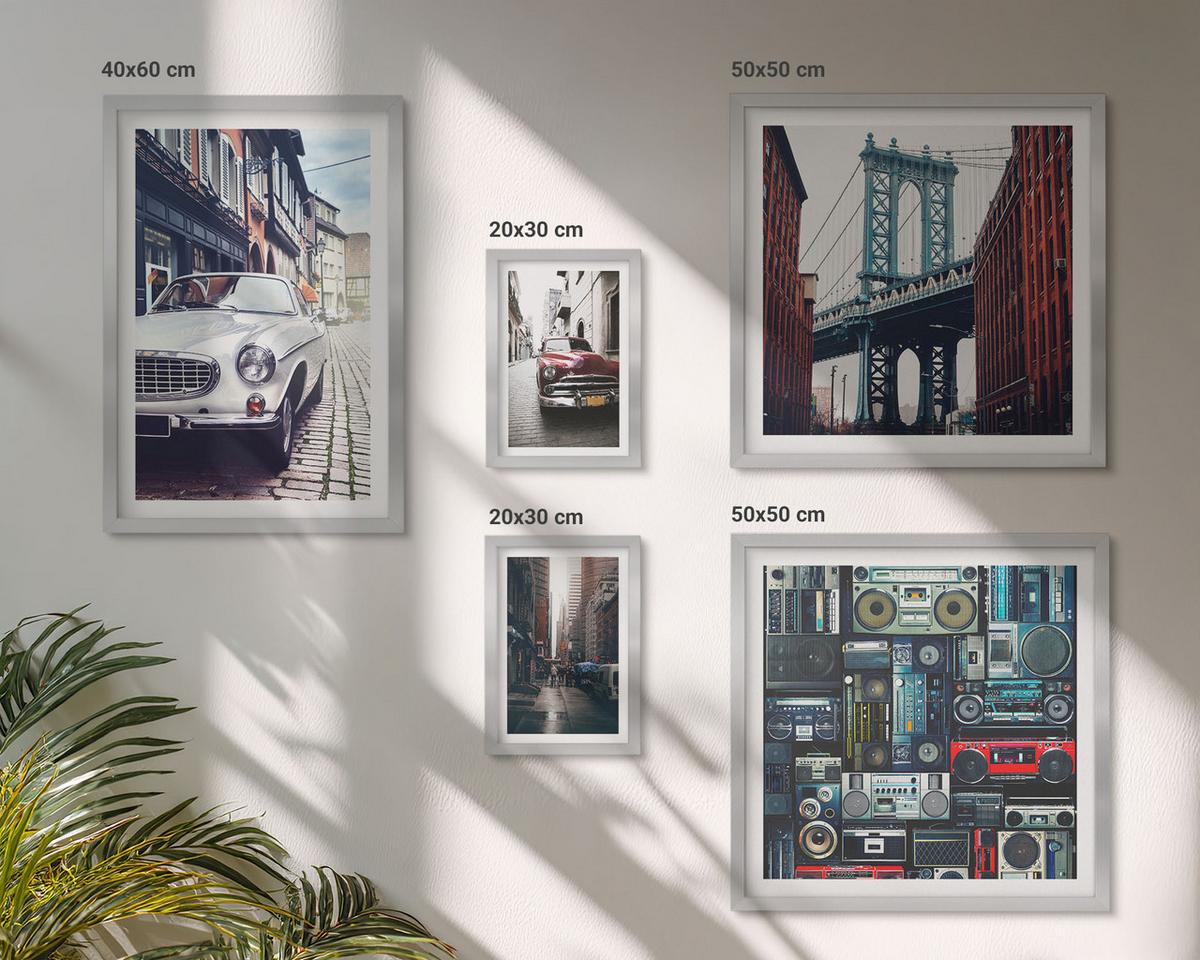 BILDER SET 5er Set - 50x50 cm & 20x30 cm & 40x60 cm Silberner Rahmen - Old Cars Brooklyn Retro-Audio - Silberfarben, Kunststoff (40/60cm) - TULUP