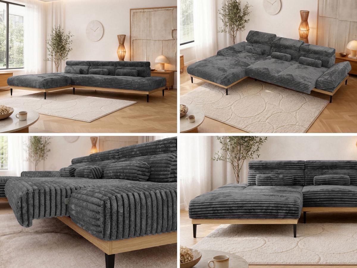 ECKSOFA PAVERO L - Grau Cord - Links Seite - Schwarz/Grau, Textil/Metall (205/316cm) - MKS