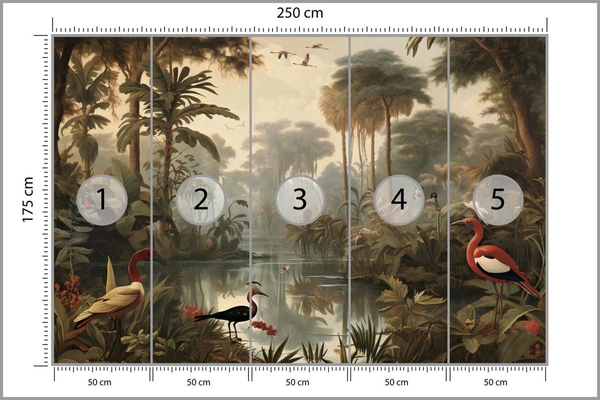 FOTOTAPETE Dschungel Tropische Pflanzen Vögel 250x175 - Gelb/Beige, Papier (250/175cm) - Muralo
