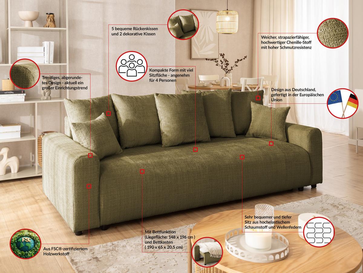SCHLAFSOFA Calma mit Bettkasten im Bumpy-Design aus weichem Grün Chenille-Stoff - Schwarz/Grün, Holz/Kunststoff (239/88/98cm) - S-Style Möbel