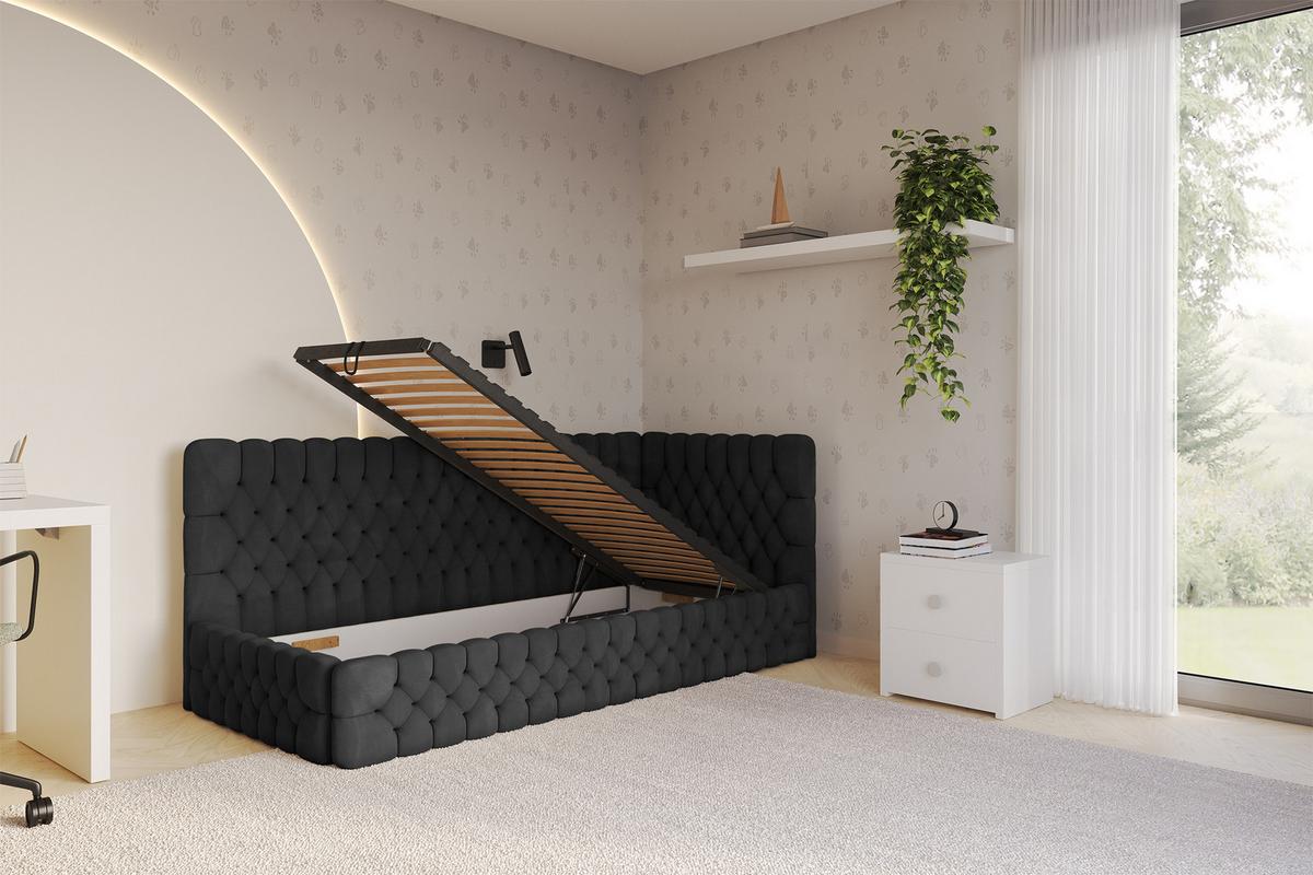 EINZELLBETT Jugendbett mit Bettkasten und Matratze H3/H4, Links - MULY 100x200 Schwarz - Schwarz, Holzwerkstoff/Textil (100/200cm) - ALTDECOR