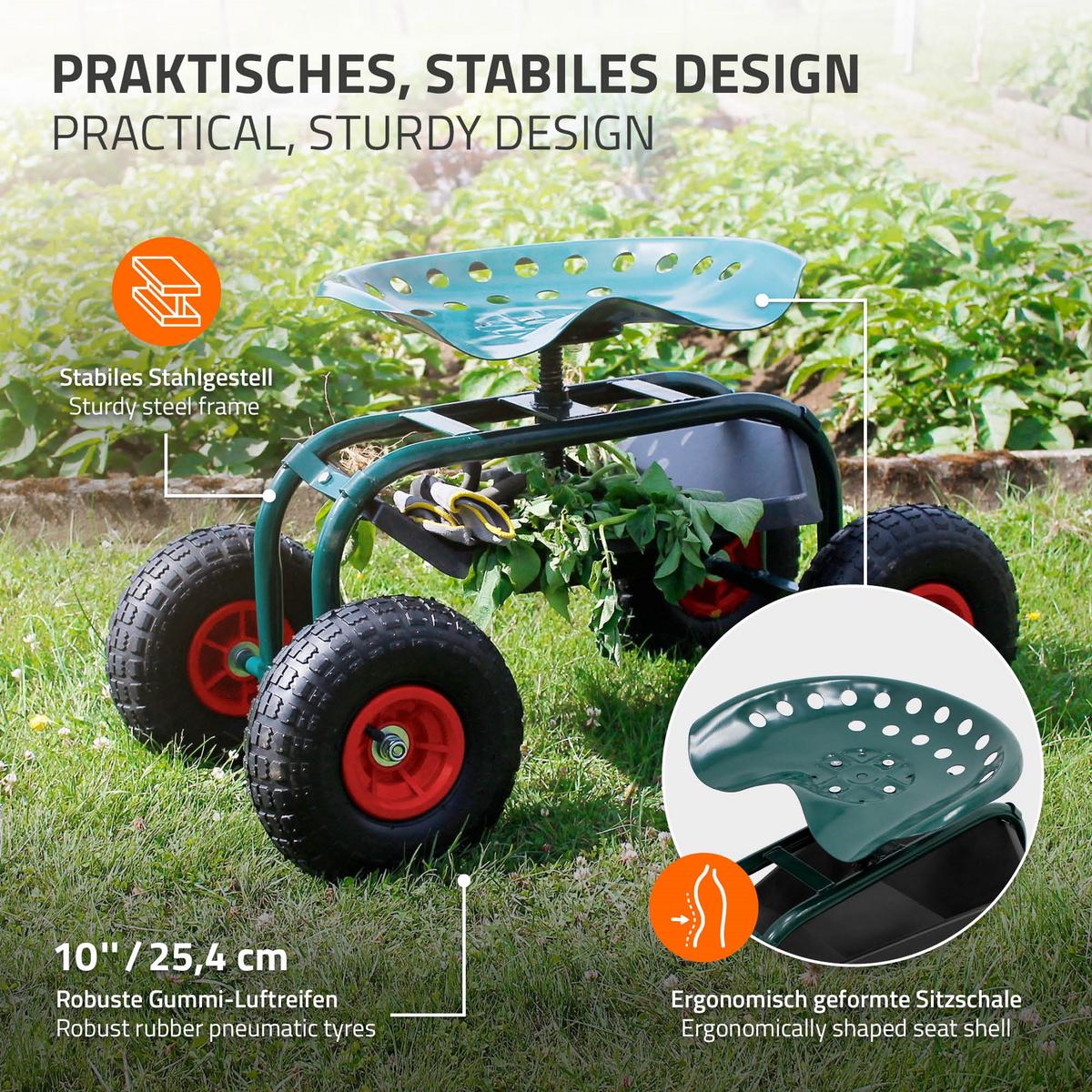 GARTENROLLSITZ Grün aus Stahl 360° drehbar/höhenverstellbar bis 150 kg - Grün, Metall (42/49/84cm) - ECD-Germany