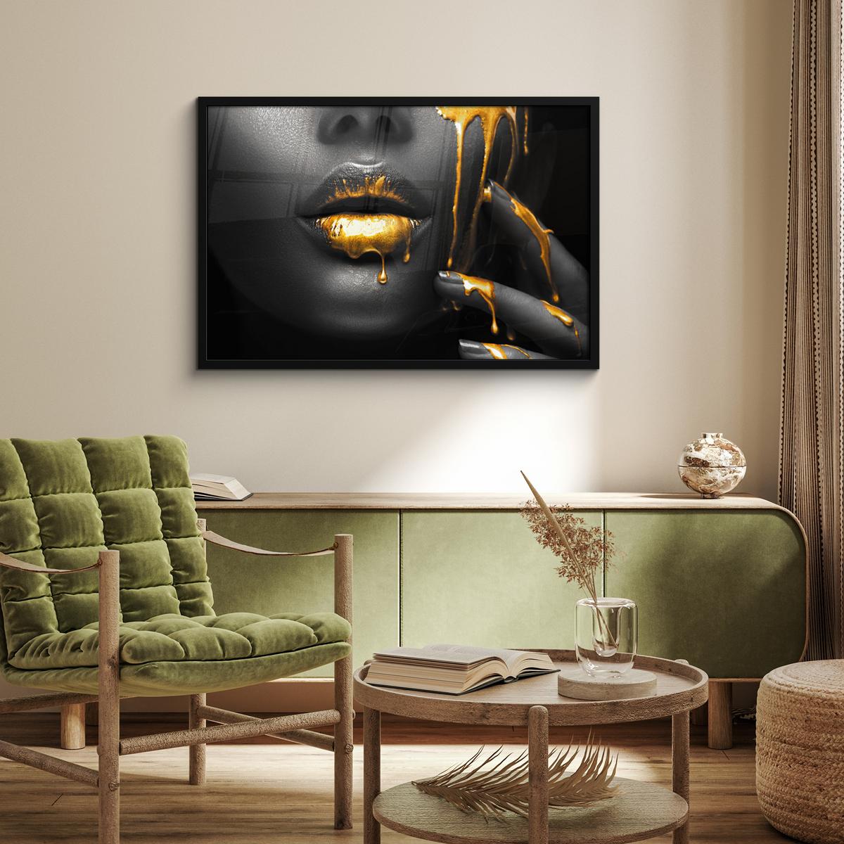 POSTER MIT RAHMENGERAHMTES BILD Frau - Schwarz - Gold - Gesicht - Lippen 90x60 cm - Goldfarben, Papier (90/60cm) - MuchoWow