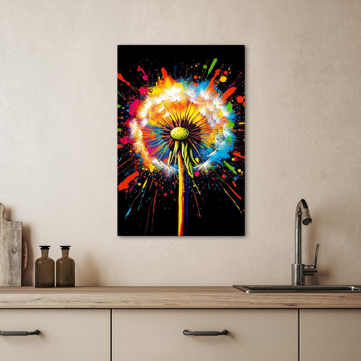 LEINWANDBILD Löwenzahn - Graffiti - Farbenfroh - Blumen - Natur Wanddeko 40x60 cm - Multicolor, Textil (40/60cm) - MuchoWow