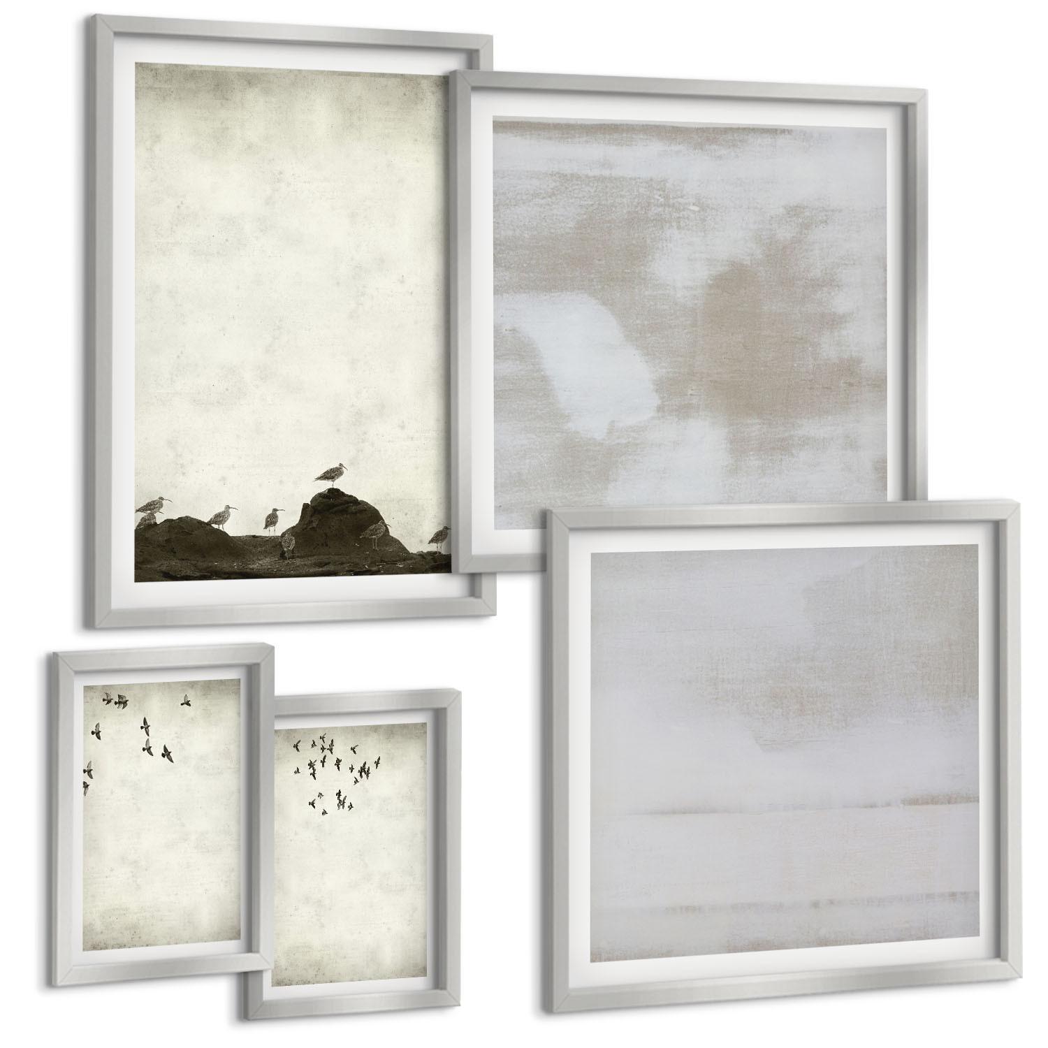 BILDER SET 5er Set - 50x50 cm & 20x30 cm & 40x60 cm Silberner Rahmen - Textur eines Vogelschwarms - Silberfarben, Kunststoff (40/60cm) - TULUP