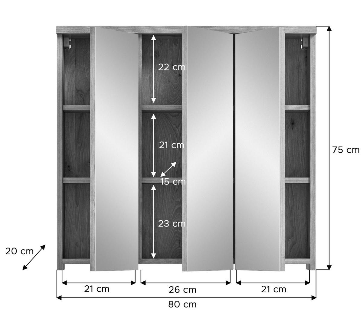 SPIEGELSCHRANK Eiche 80 cm, Badschrank mit Soft-Close - Eichefarben, Holzwerkstoff/Metall (80/75/20cm) - Inn.Furn