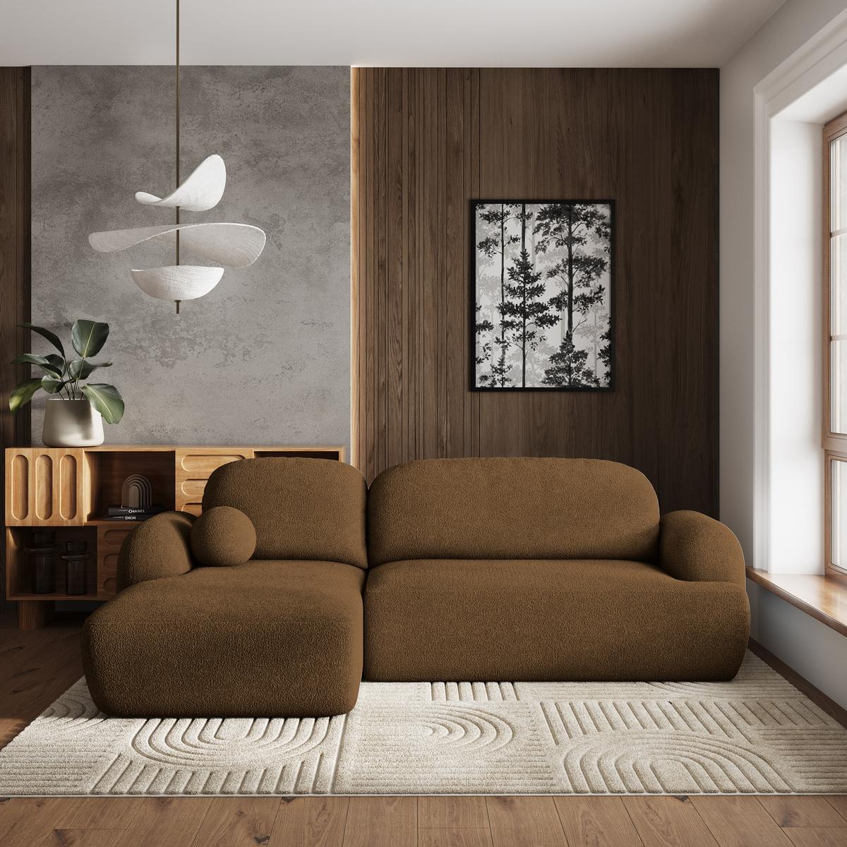 ECKSOFA MODENZA N L-S Braun Boucle-Stoff mit Schlaffunktion - Schwarz/Braun, Holz/Kunststoff (266/148cm) - MASSENO