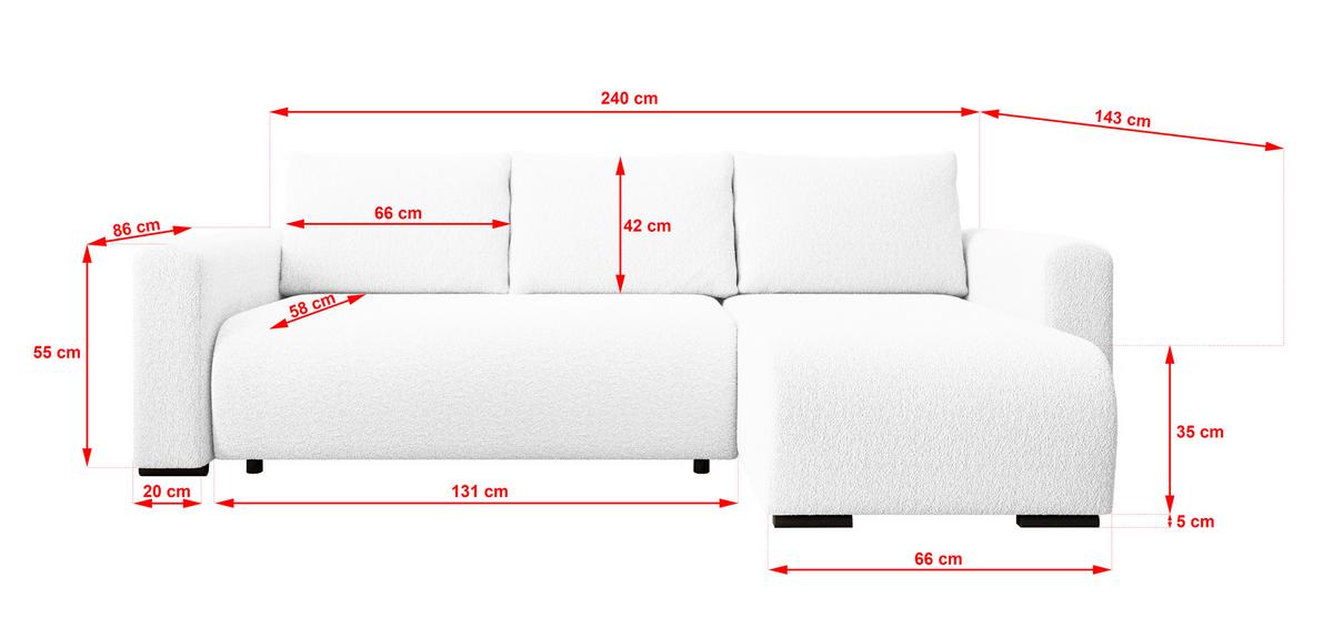 ECKSOFA DORA L, Eckcouch in L-Form mit Schlaffunktion und Bettkasten, Farbe: Weiß, Bouclé-Stoff, Ottomane Rechts - Weiß, Textil (240/143cm) - Storez24
